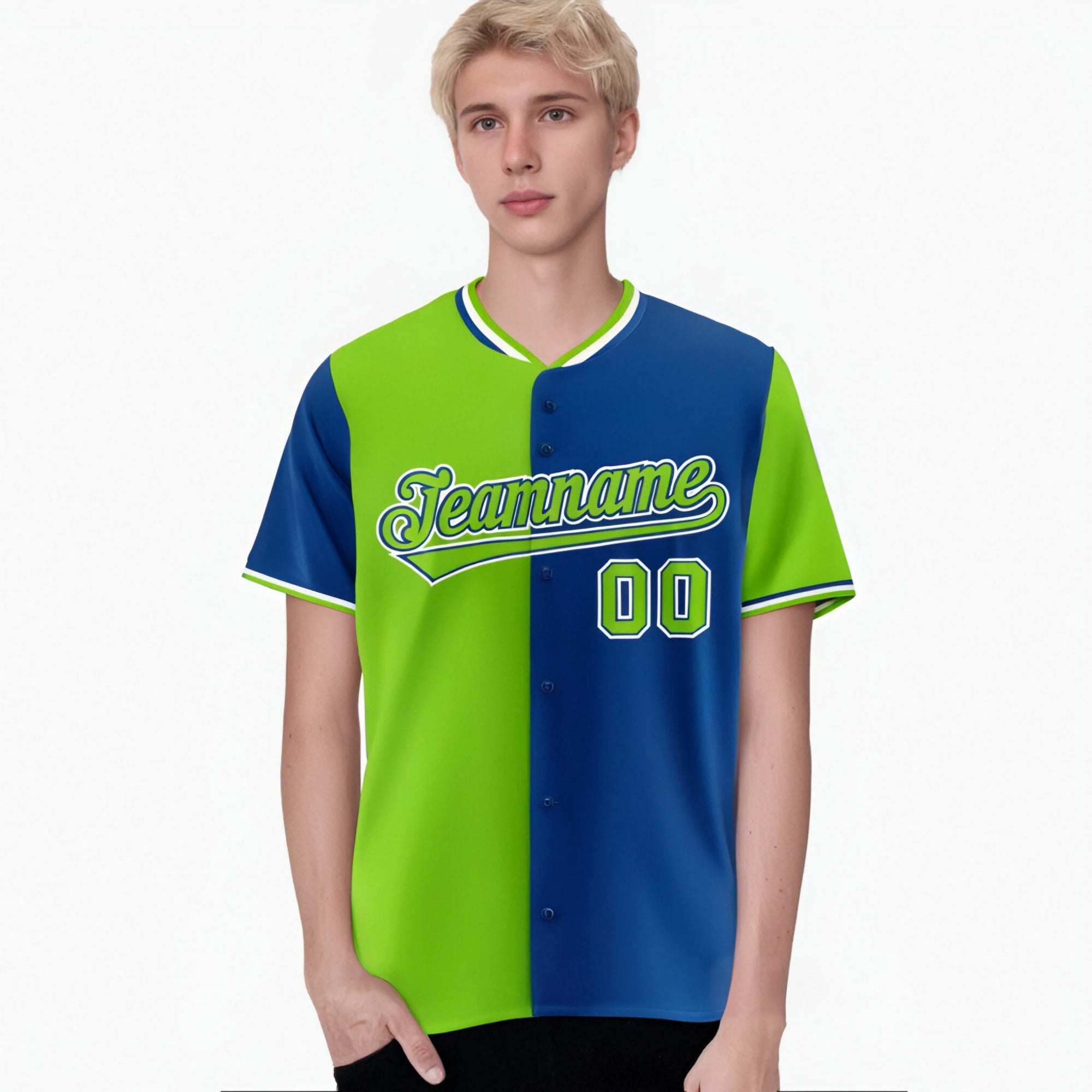 Custom Neon Green-Royal Blue Authentic Split Fashion Baseball Jersey