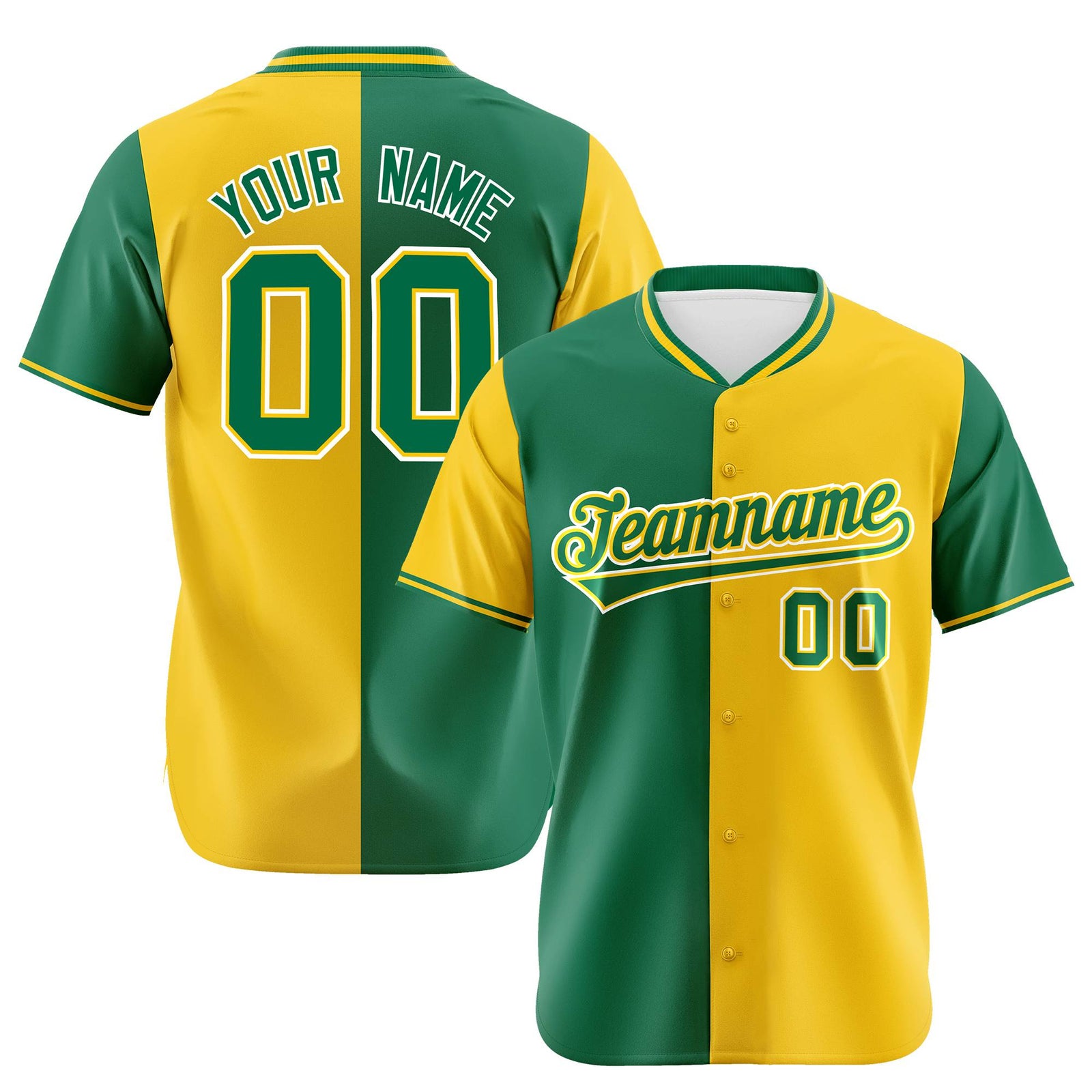 Custom Kelly Green Gold Authentic Split Fashion Baseball Jersey