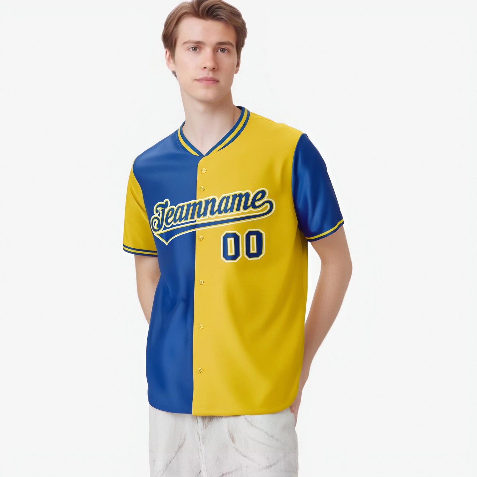 Custom Royal Blue Gold Authentic Split Fashion Baseball Jersey