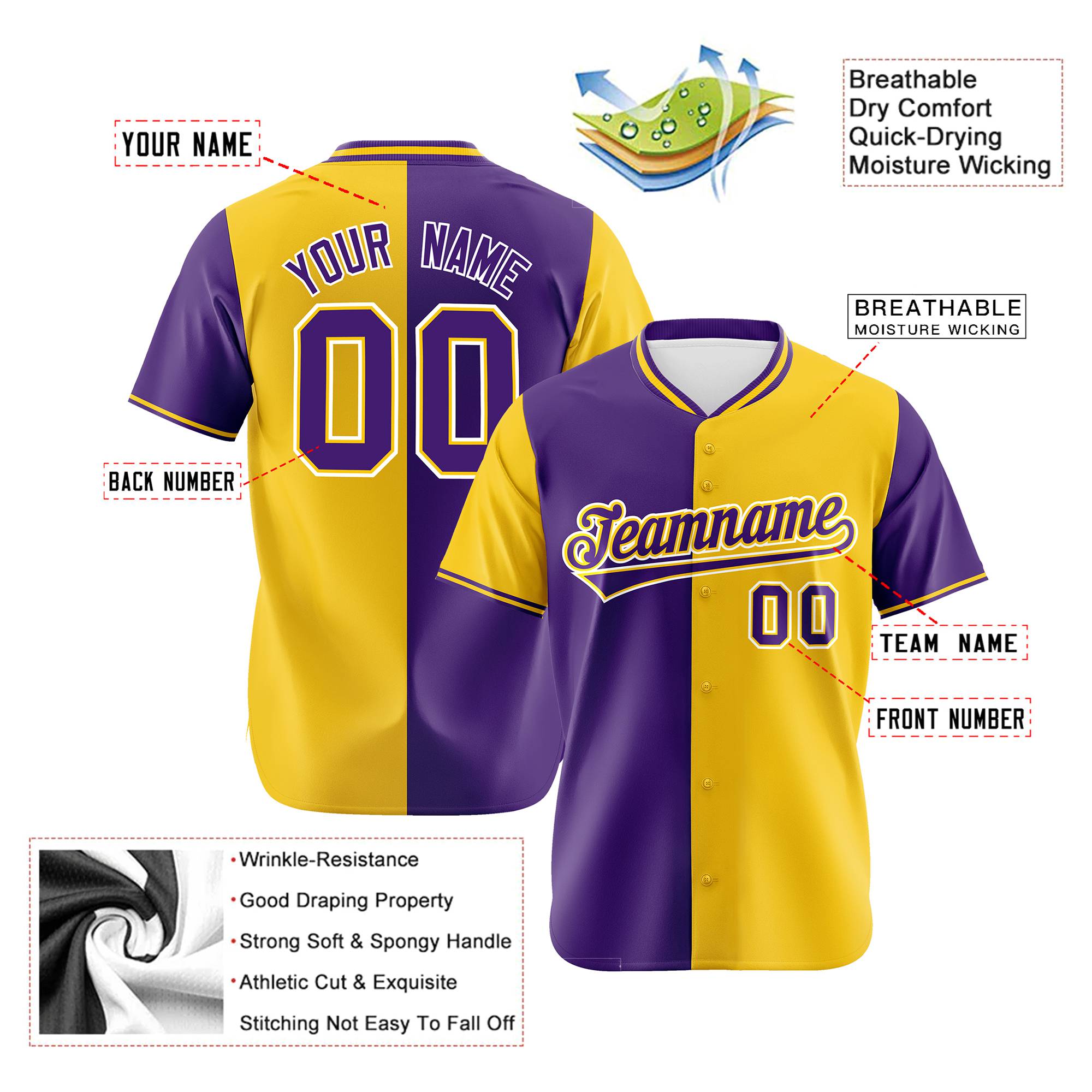 Custom Purple Gold Authentic Split Fashion Baseball Jersey