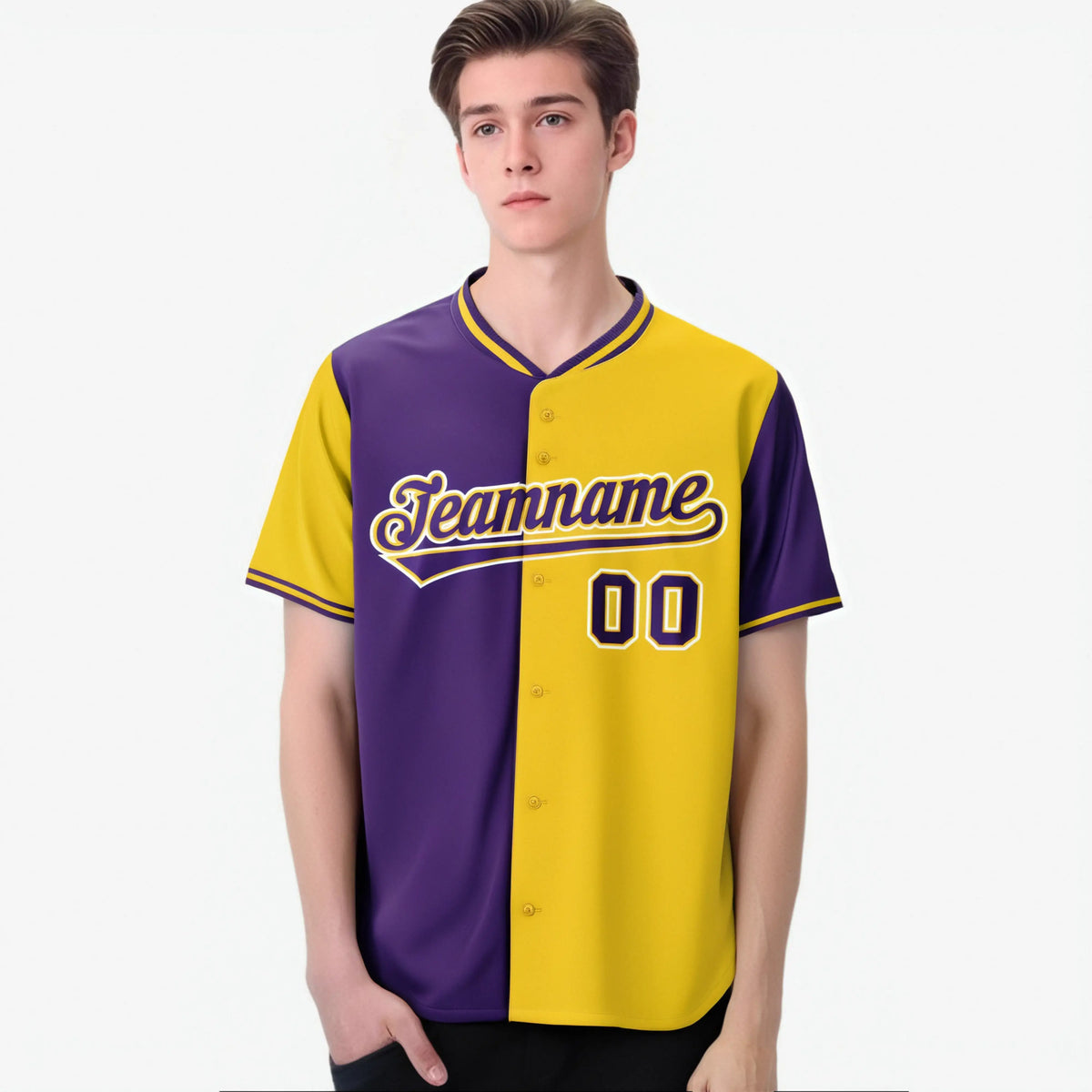 Custom Purple Gold Authentic Split Fashion Baseball Jersey