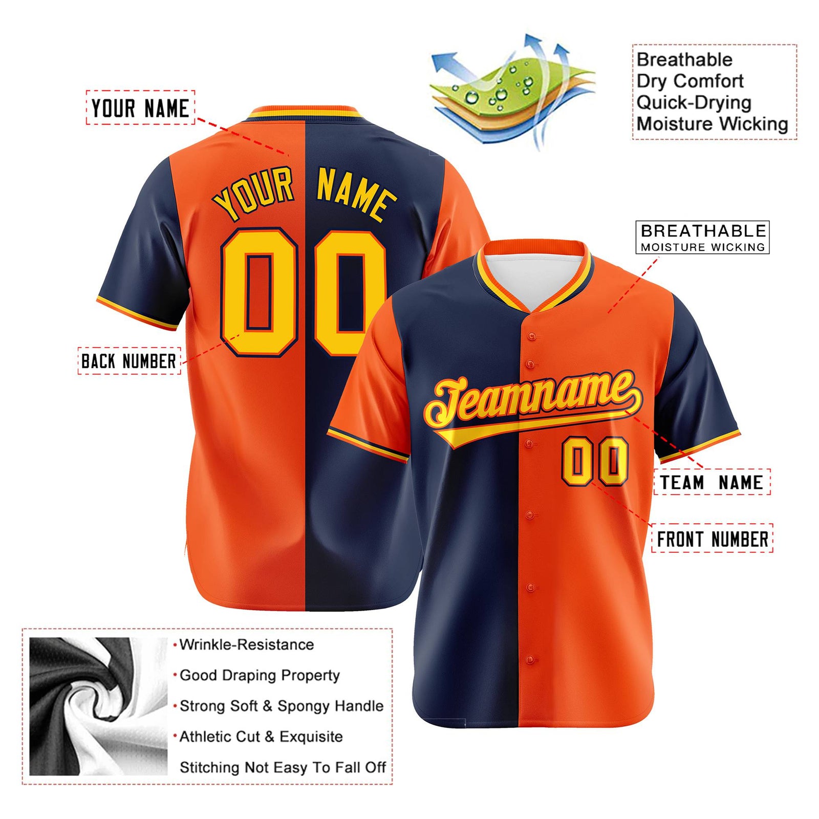 Custom Navy Orange Authentic Split Fashion Baseball Jersey