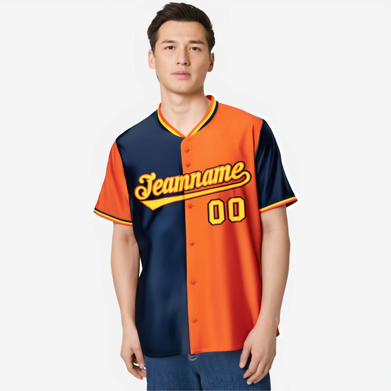 Custom Navy Orange Authentic Split Fashion Baseball Jersey