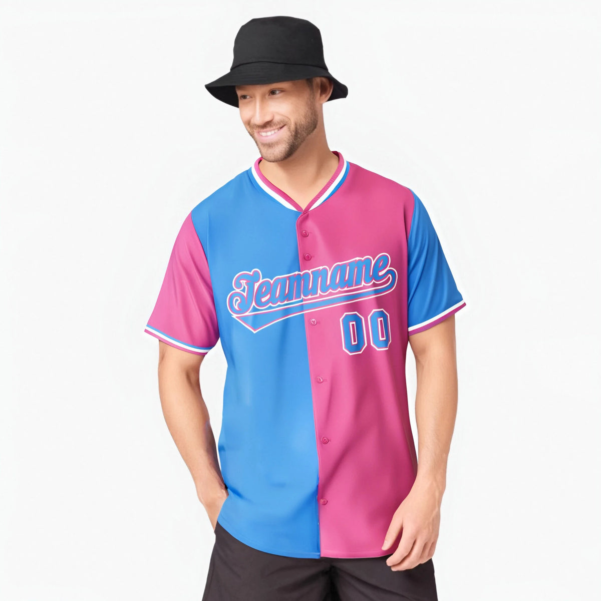 Custom Powder Blue Pink Authentic Split Fashion Baseball Jersey