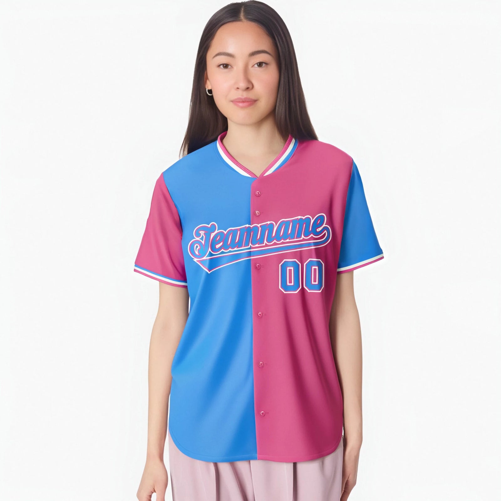Custom Powder Blue Pink Authentic Split Fashion Baseball Jersey