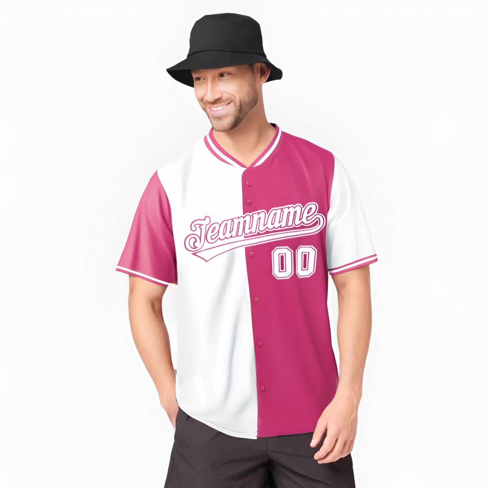 Custom White Pink Authentic Split Fashion Baseball Jersey