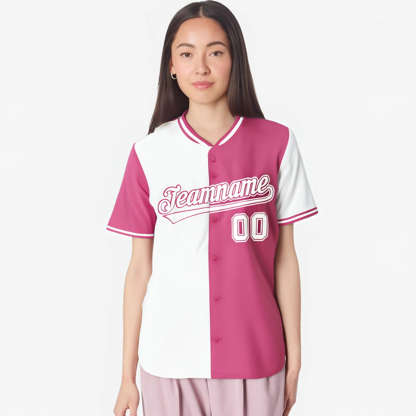 Custom White Pink Authentic Split Fashion Baseball Jersey