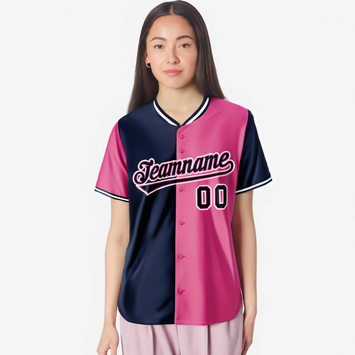 Custom Navy Pink Authentic Split Fashion Baseball Jersey