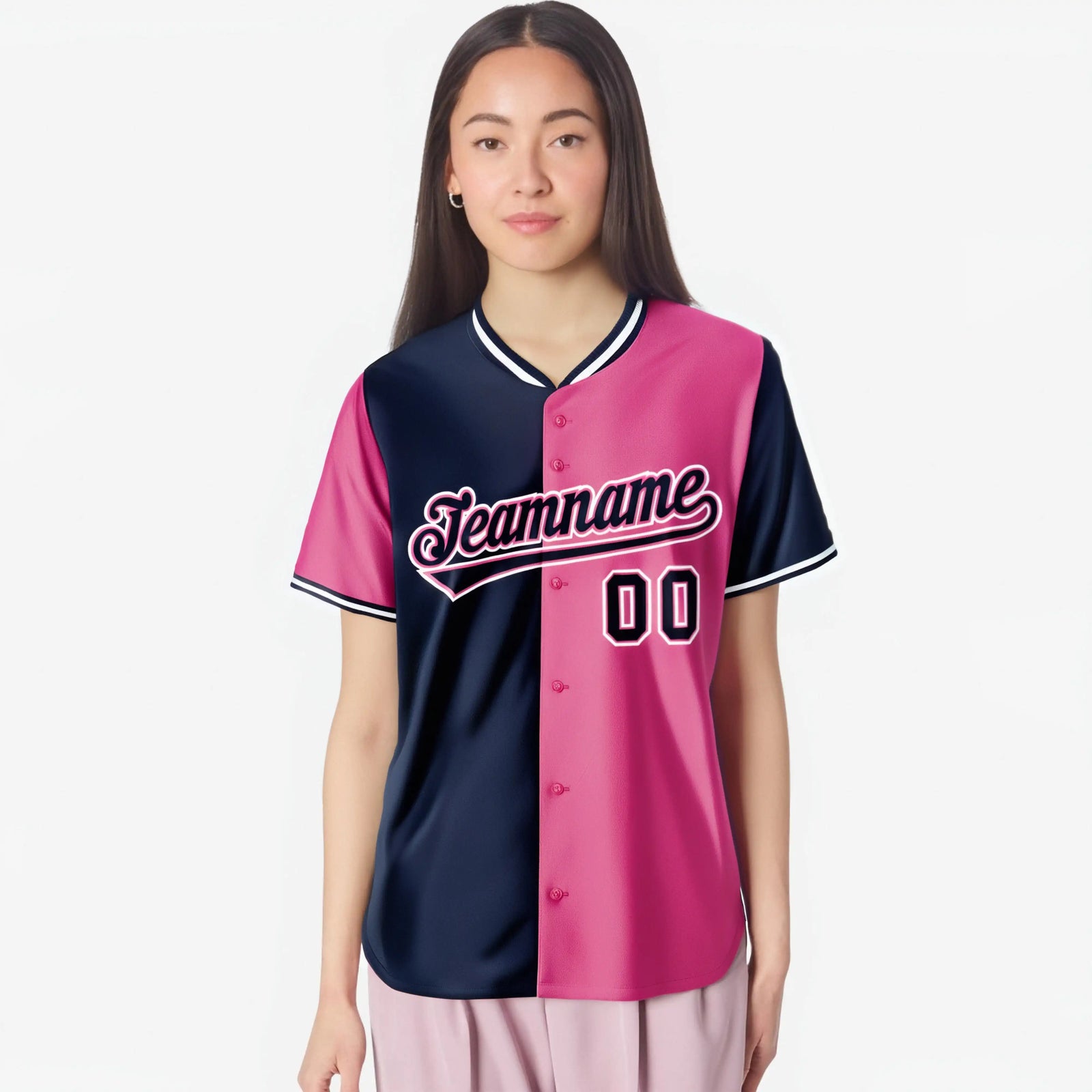 Custom Navy Pink Authentic Split Fashion Baseball Jersey