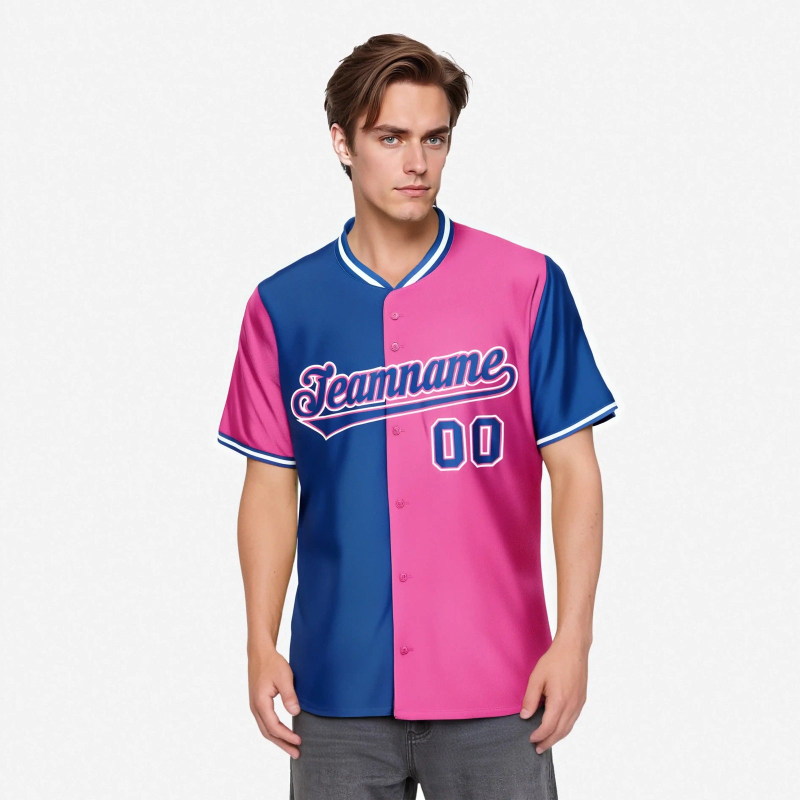 Custom Royal Blue Pink Authentic Split Fashion Baseball Jersey