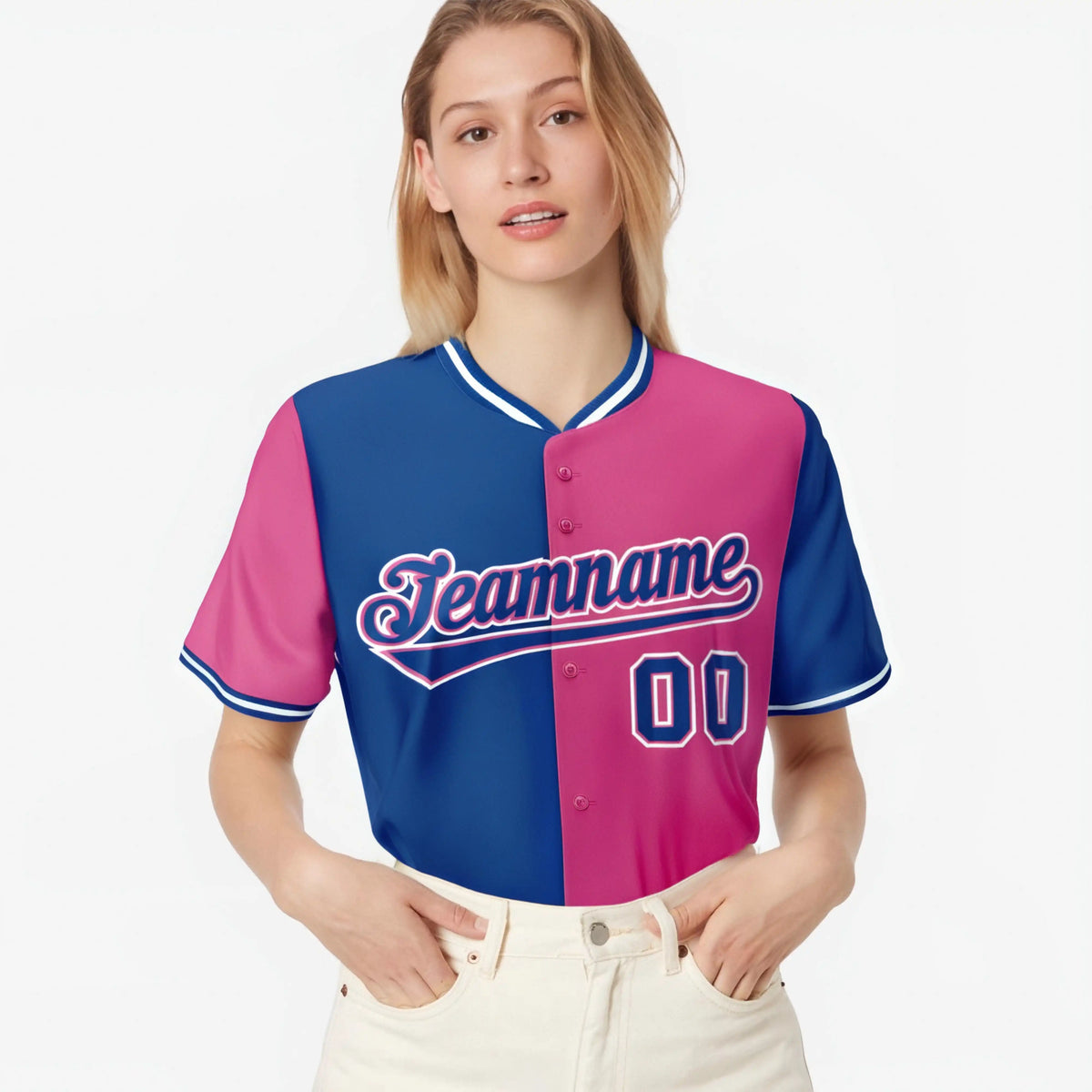 Custom Royal Blue Pink Authentic Split Fashion Baseball Jersey