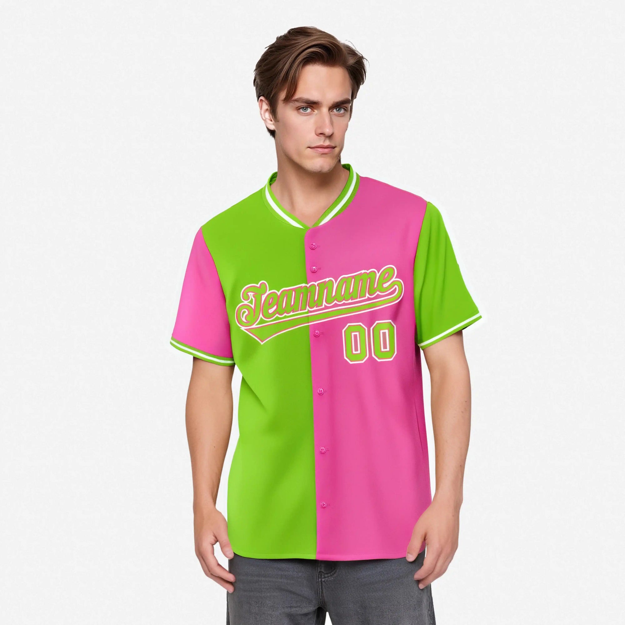 Custom Neon Green Pink Authentic Split Fashion Baseball Jersey