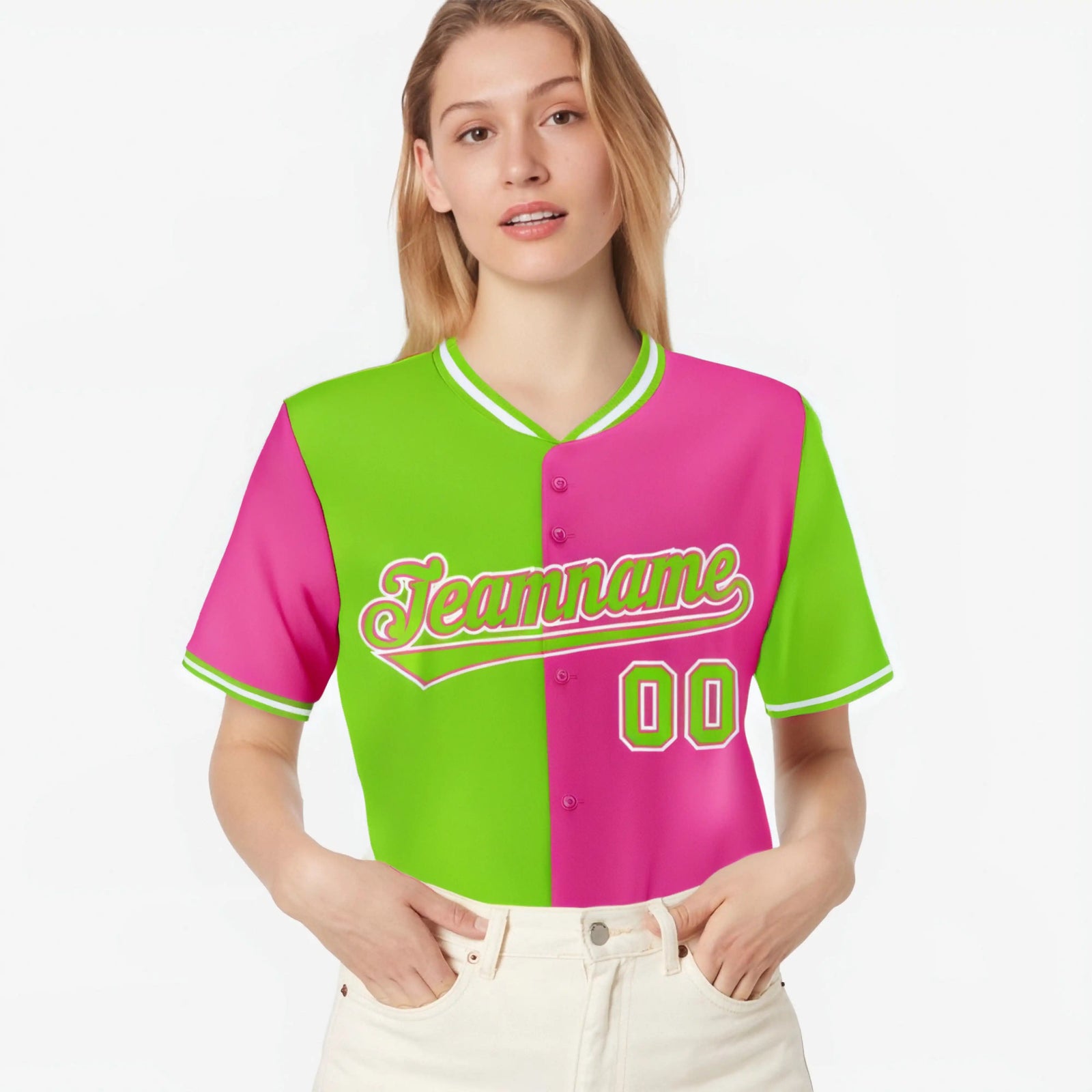 Custom Neon Green Pink Authentic Split Fashion Baseball Jersey