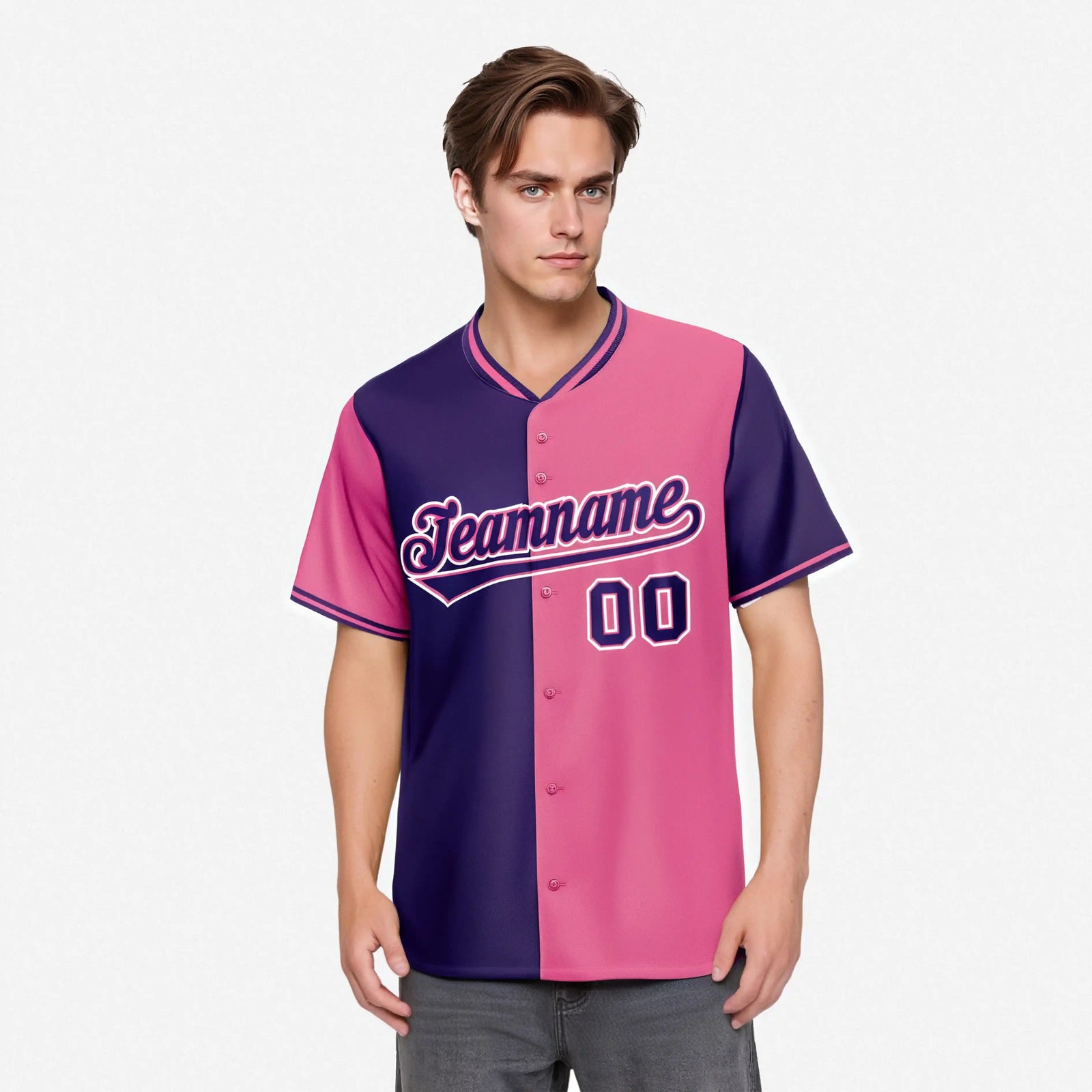 Custom Purple Pink Authentic Split Fashion Baseball Jersey