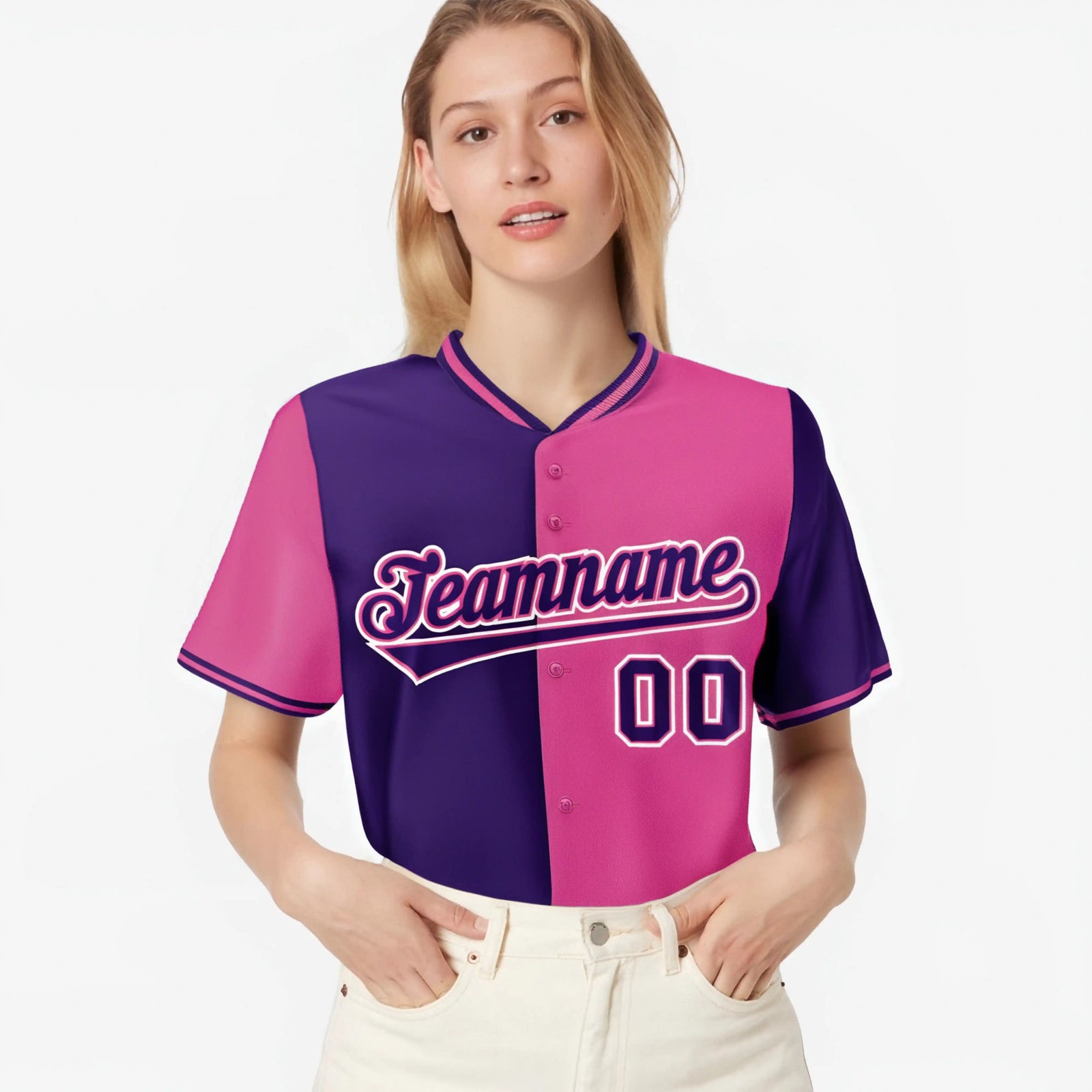Custom Purple Pink Authentic Split Fashion Baseball Jersey