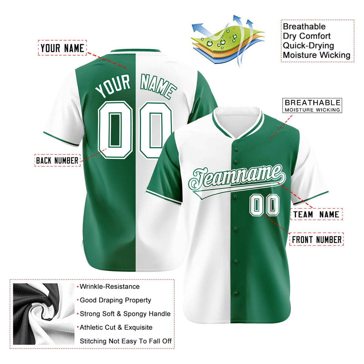Custom White Kelly Green Authentic Split Fashion Baseball Jersey