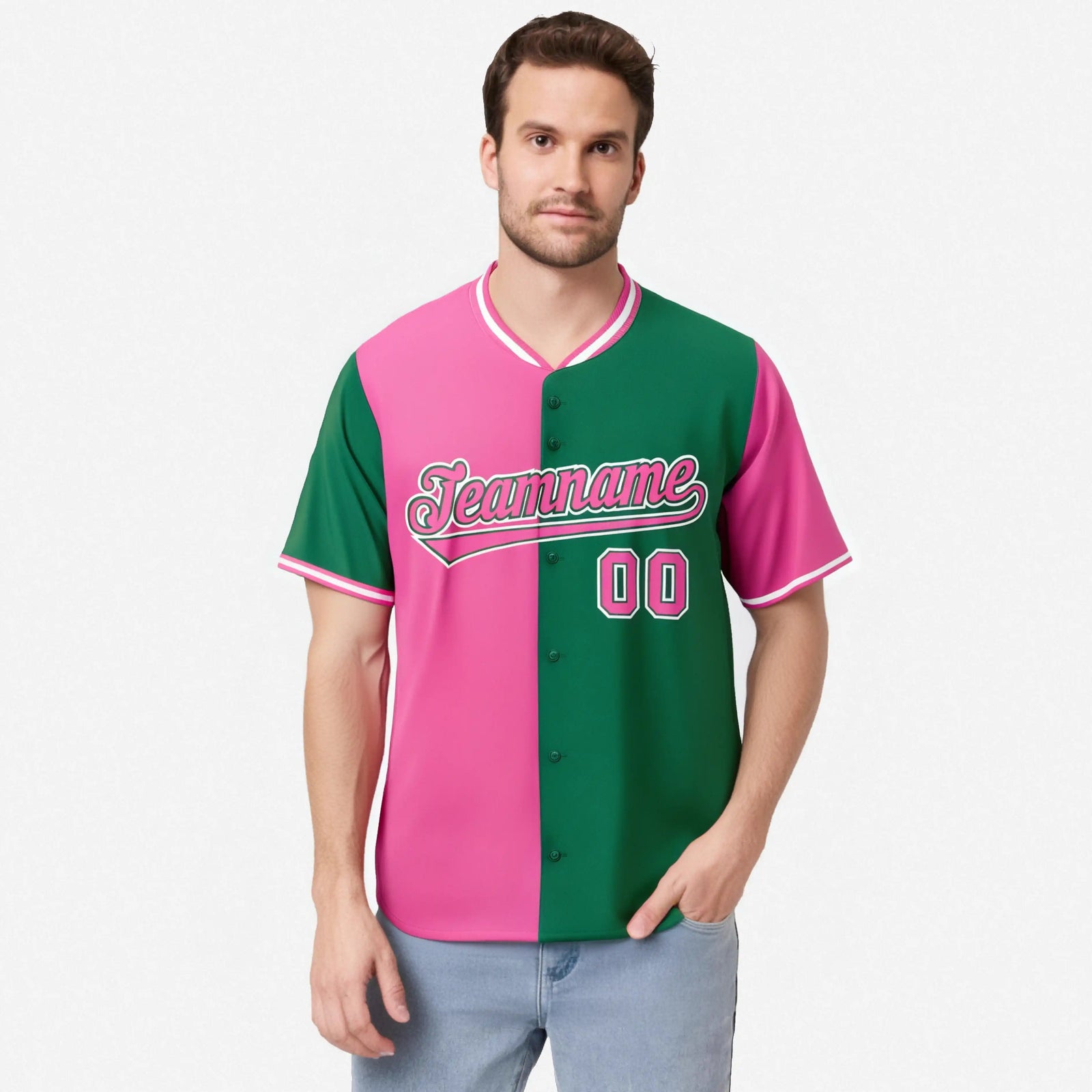 Custom Pink Kelly Green Authentic Split Fashion Baseball Jersey