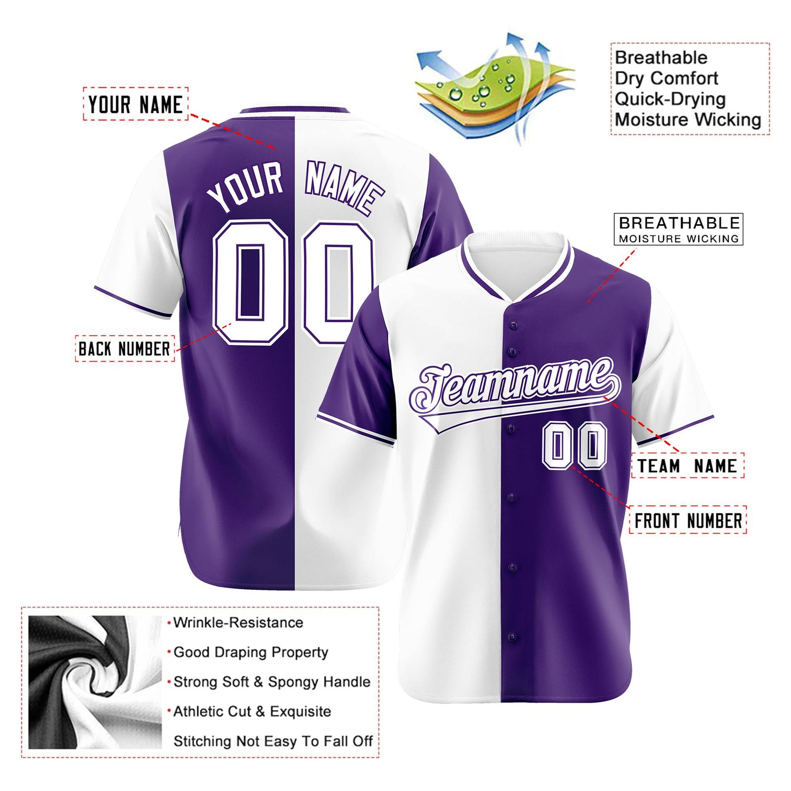Custom White Purple Authentic Split Fashion Baseball Jersey