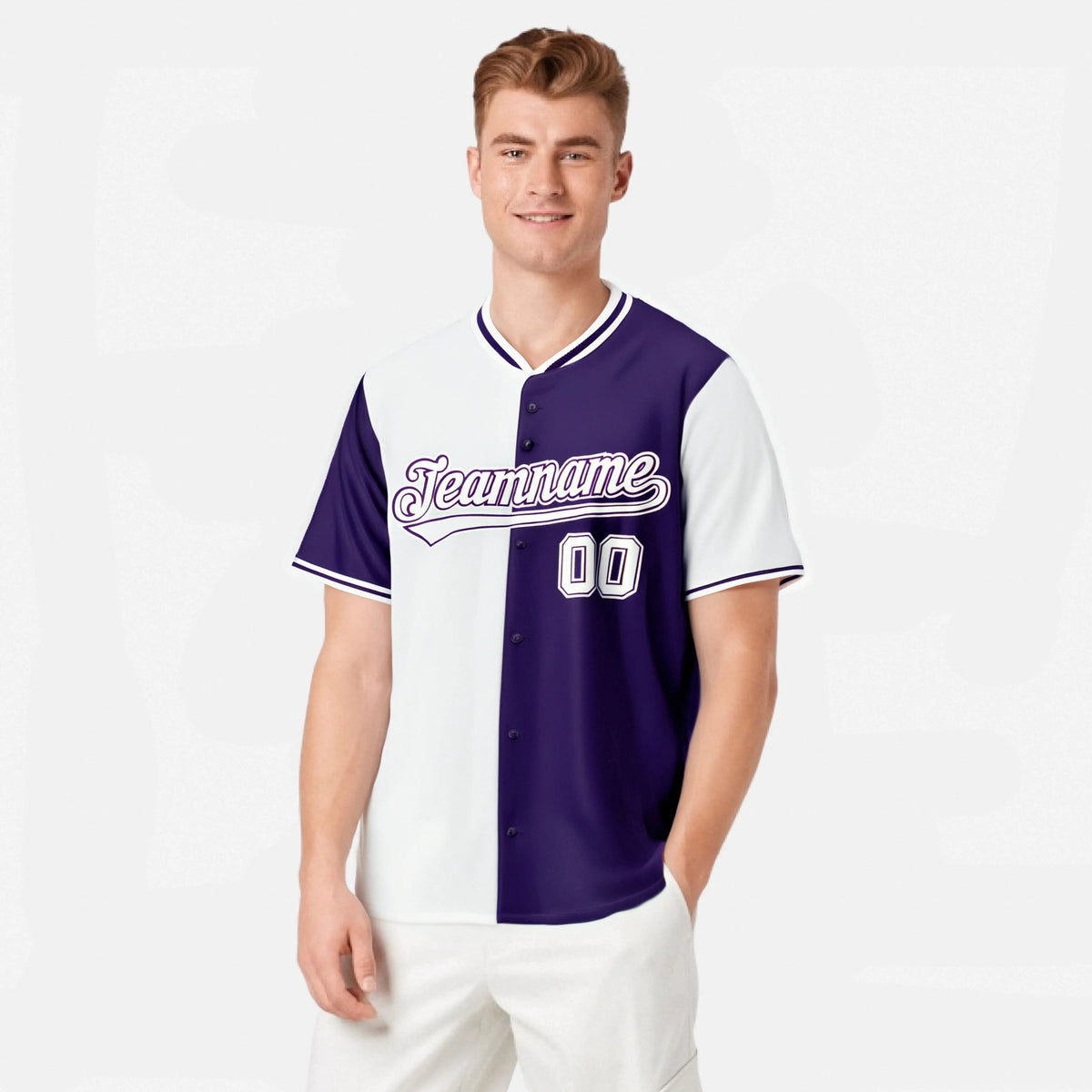 Custom White Purple Authentic Split Fashion Baseball Jersey