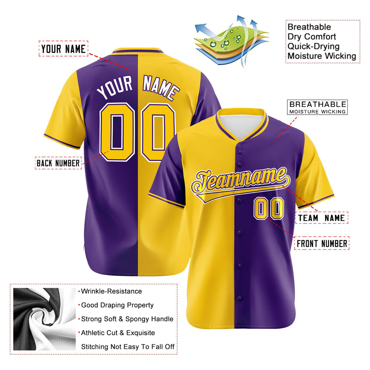 Custom Gold Purple Authentic Split Fashion Baseball Jersey
