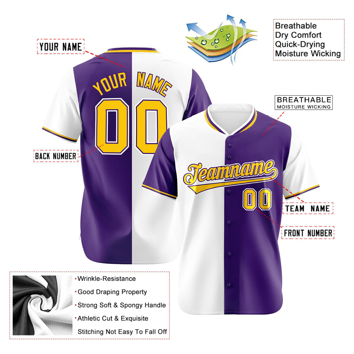 Custom White Purple Authentic Split Fashion Baseball Jersey