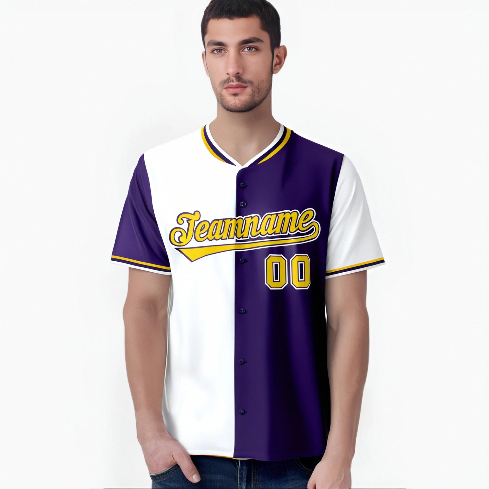 Custom White Purple Authentic Split Fashion Baseball Jersey