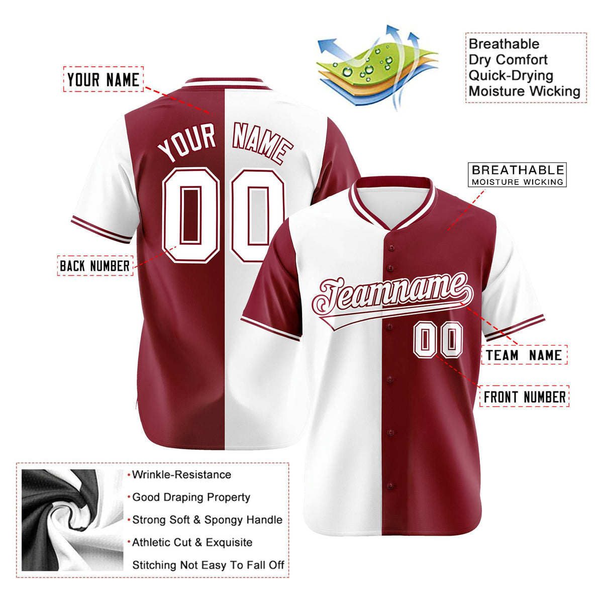 Custom White Crimson Authentic Split Fashion Baseball Jersey