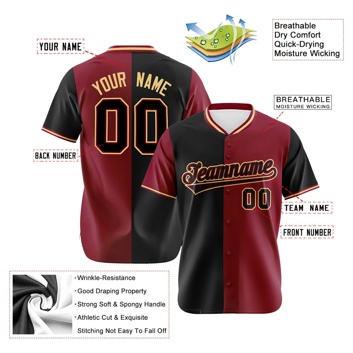 Custom Black Crimson Authentic Split Fashion Baseball Jersey