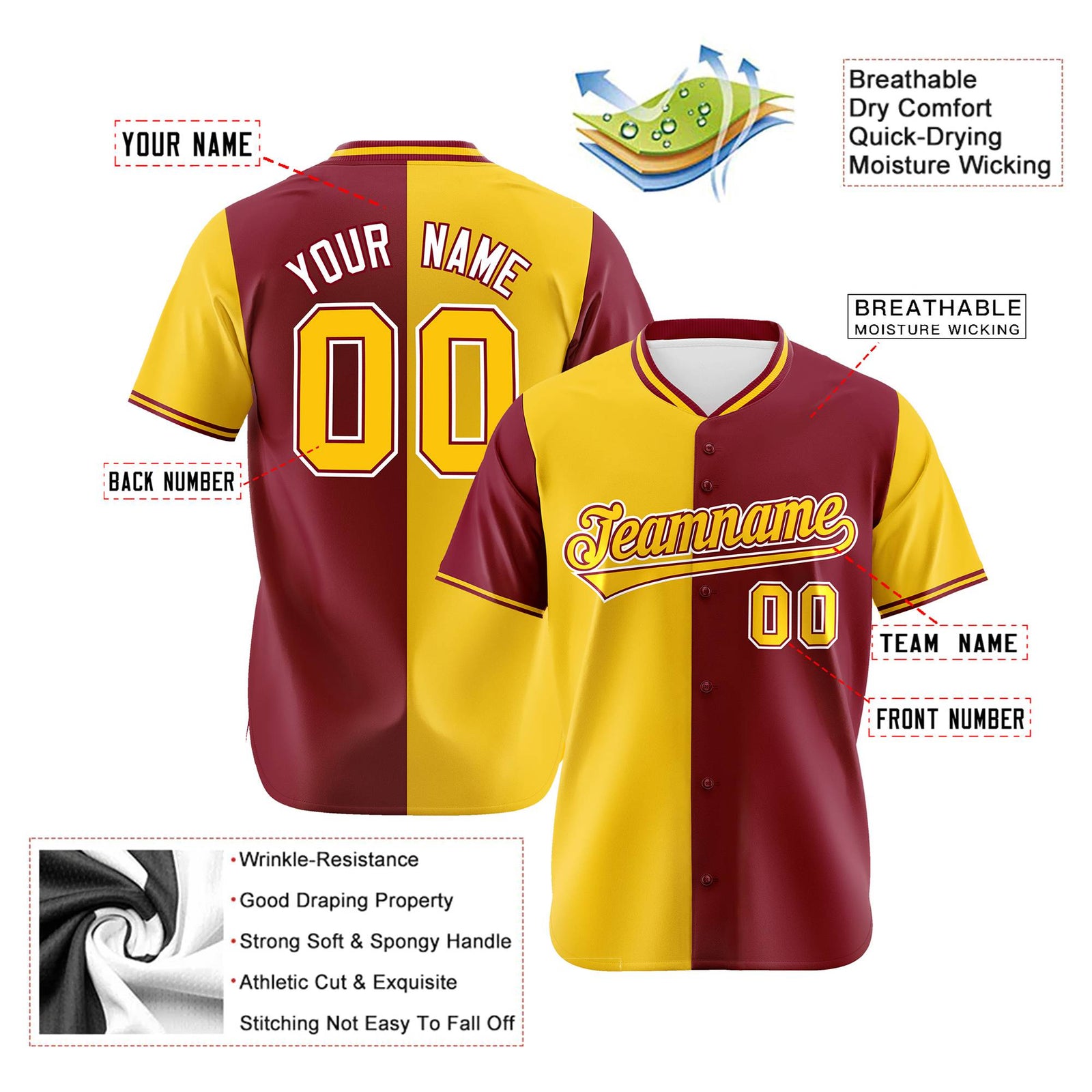 Custom Gold Crimson Authentic Split Fashion Baseball Jersey