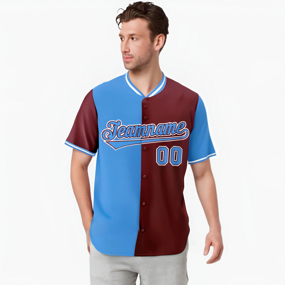 Custom Powder Blue Crimson Authentic Split Fashion Baseball Jersey