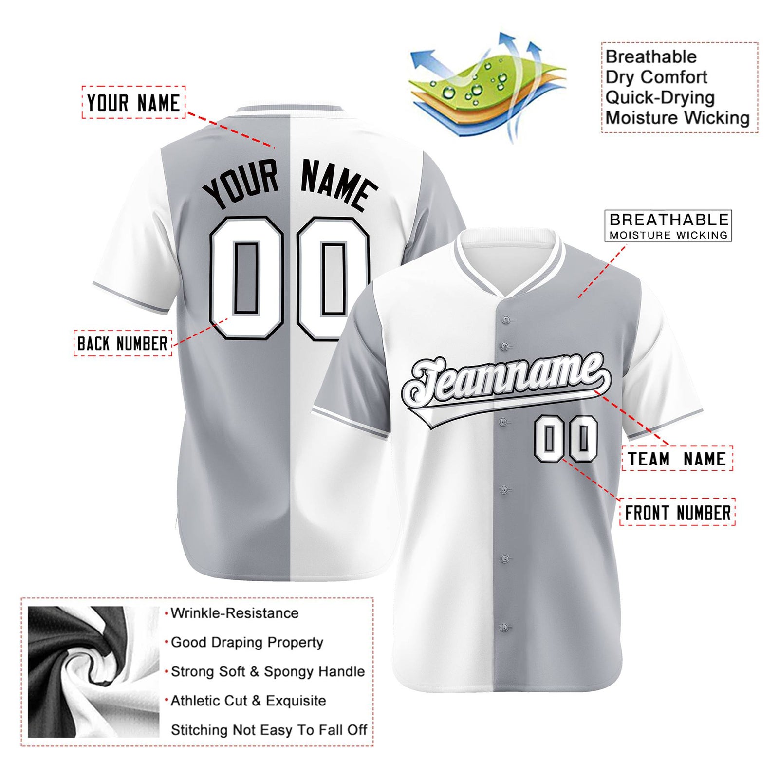 Custom White Gray Authentic Split Fashion Baseball Jersey