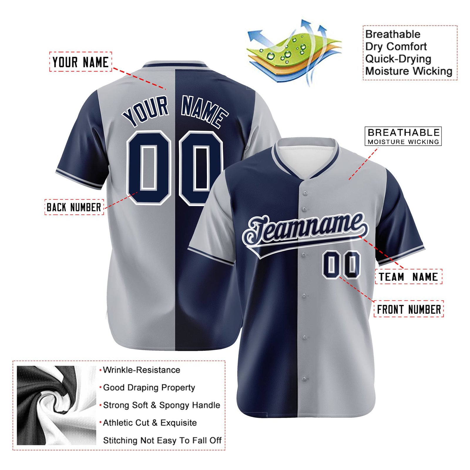 Custom Navy Gray Authentic Split Fashion Baseball Jersey