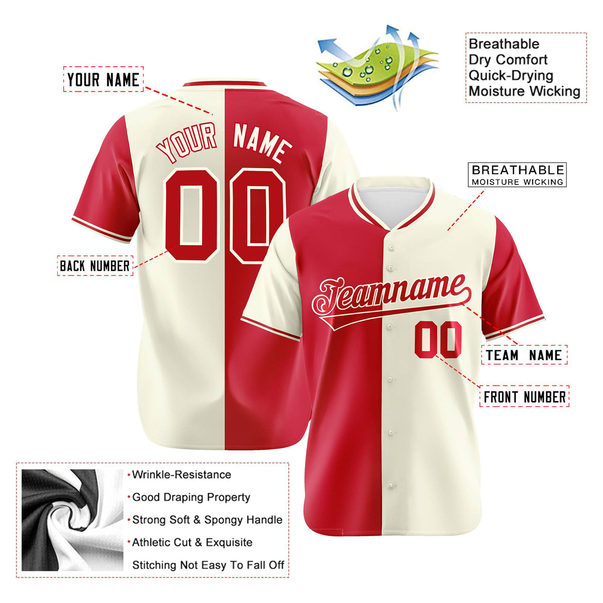 Custom Red Cream Authentic Split Fashion Baseball Jersey