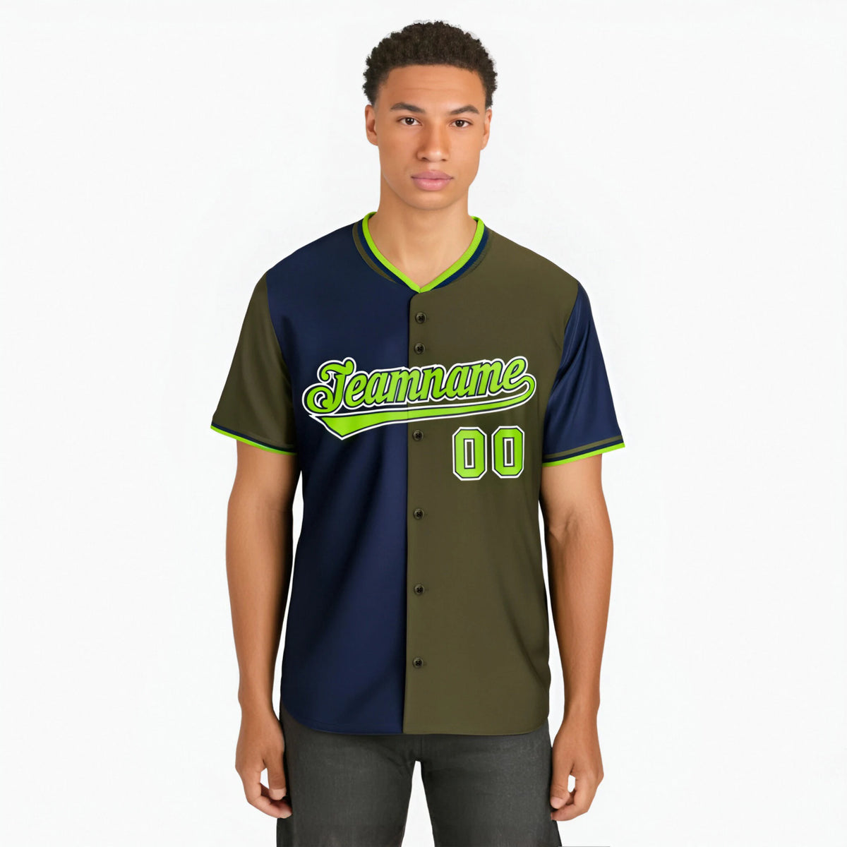 Custom Navy Olive Authentic Split Fashion Baseball Jersey