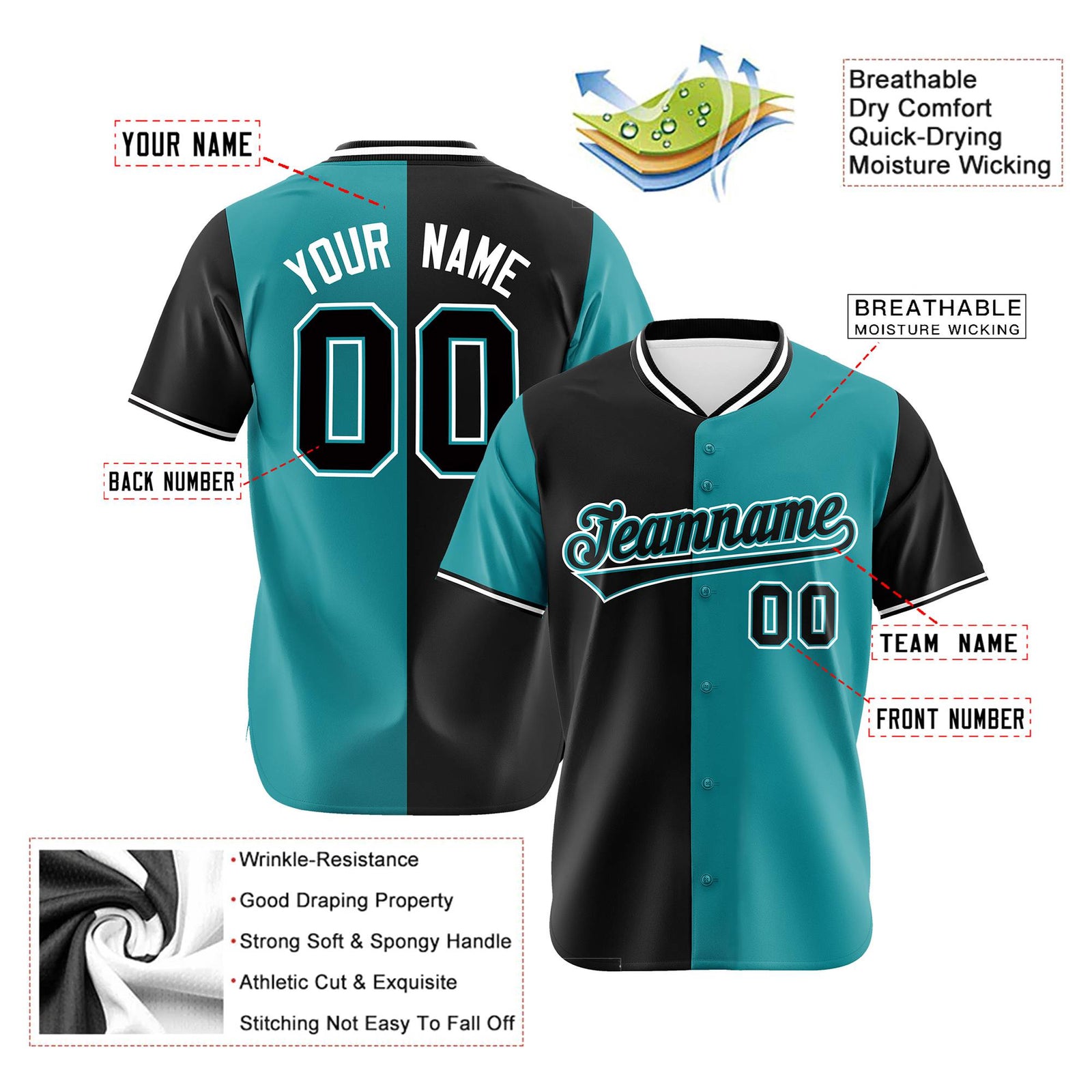 Custom Black Aqua Authentic Split Fashion Baseball Jersey