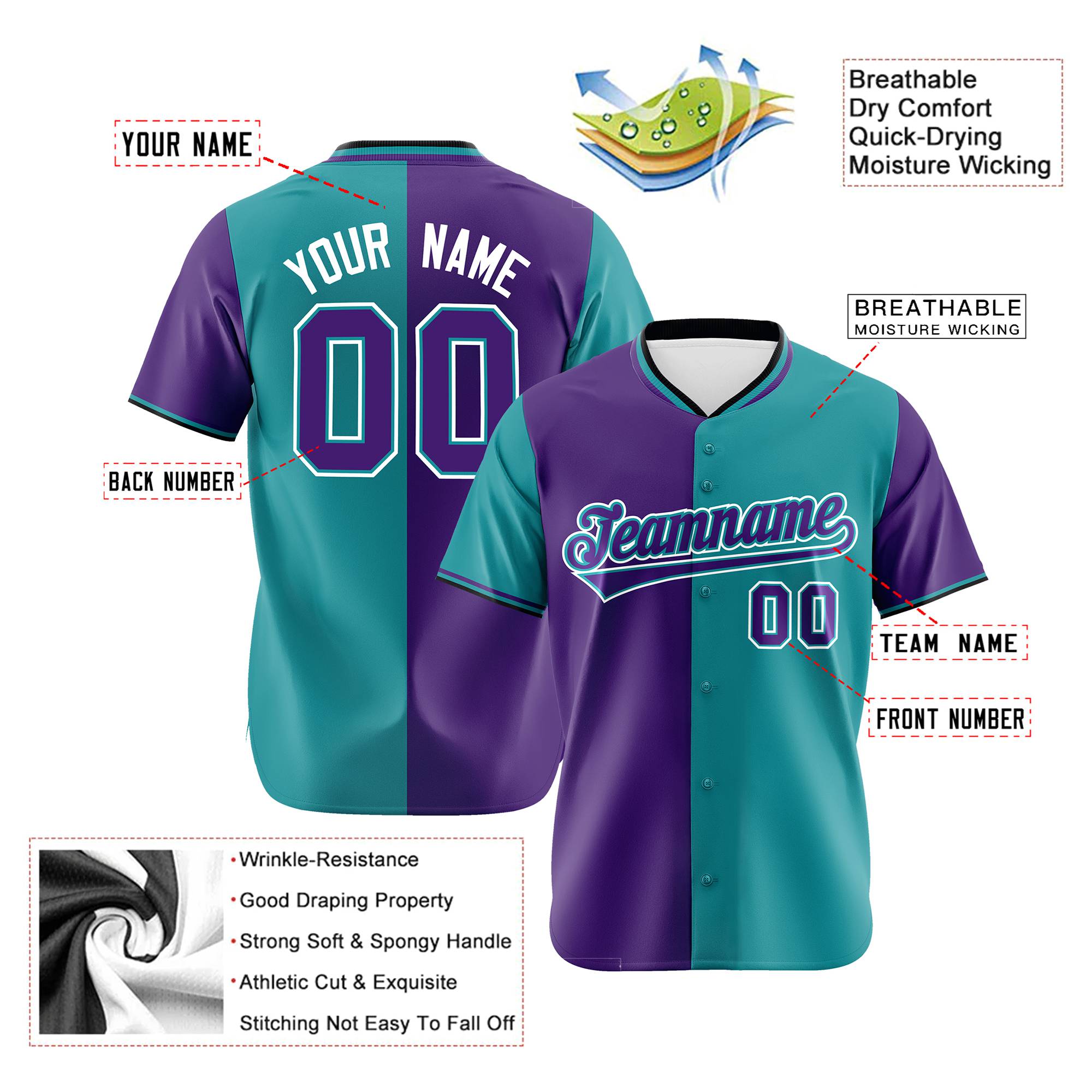 Custom Purple Aqua Authentic Split Fashion Baseball Jersey