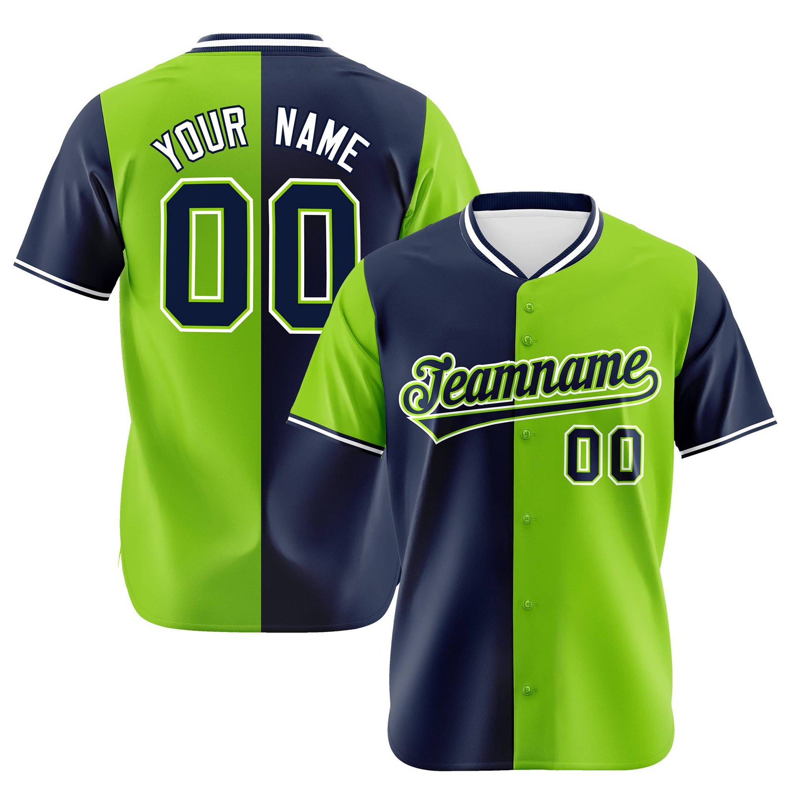 Custom Navy Neon Green Authentic Split Fashion Baseball Jersey