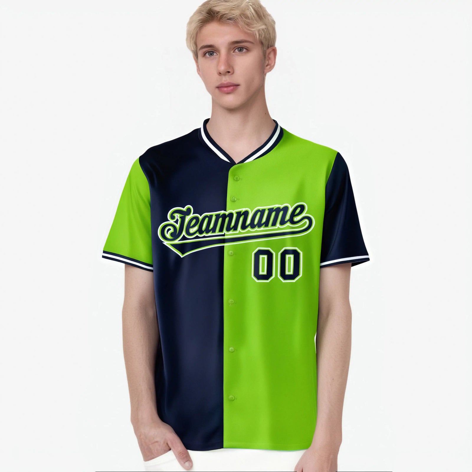 Custom Navy Neon Green Authentic Split Fashion Baseball Jersey