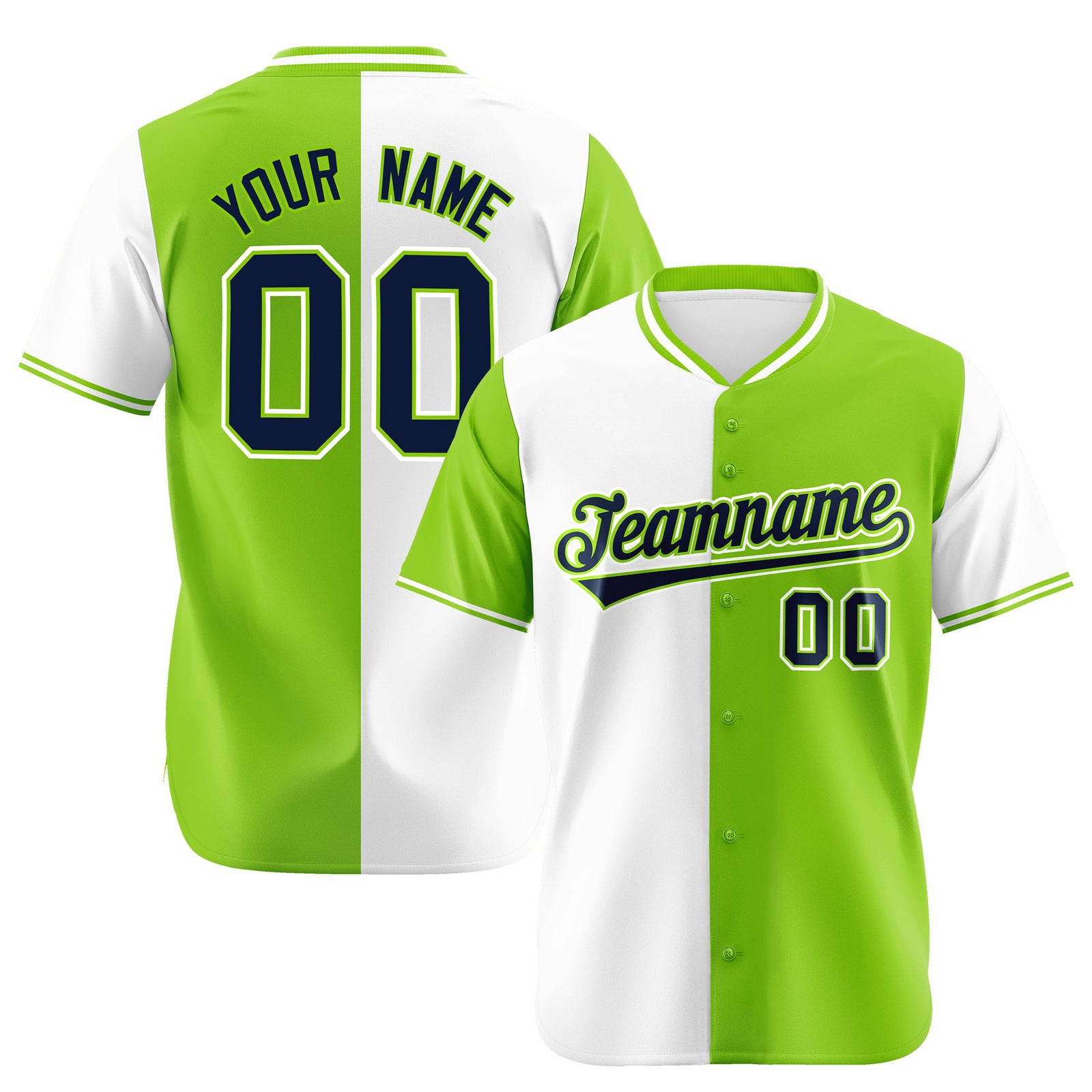 Custom White Neon Green Authentic Split Fashion Baseball Jersey