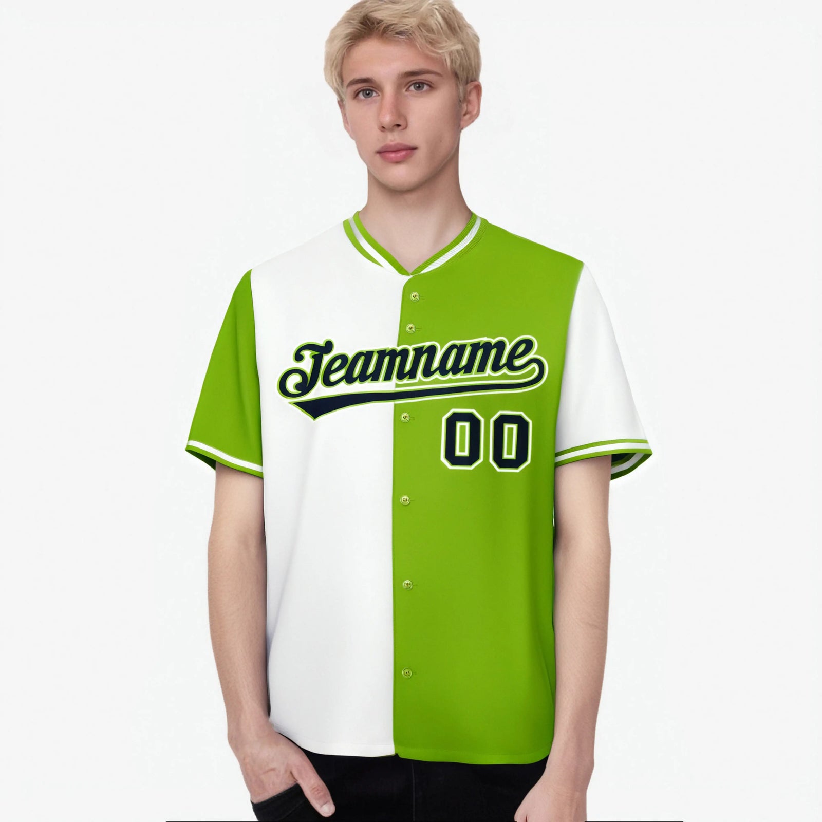 Custom White Neon Green Authentic Split Fashion Baseball Jersey