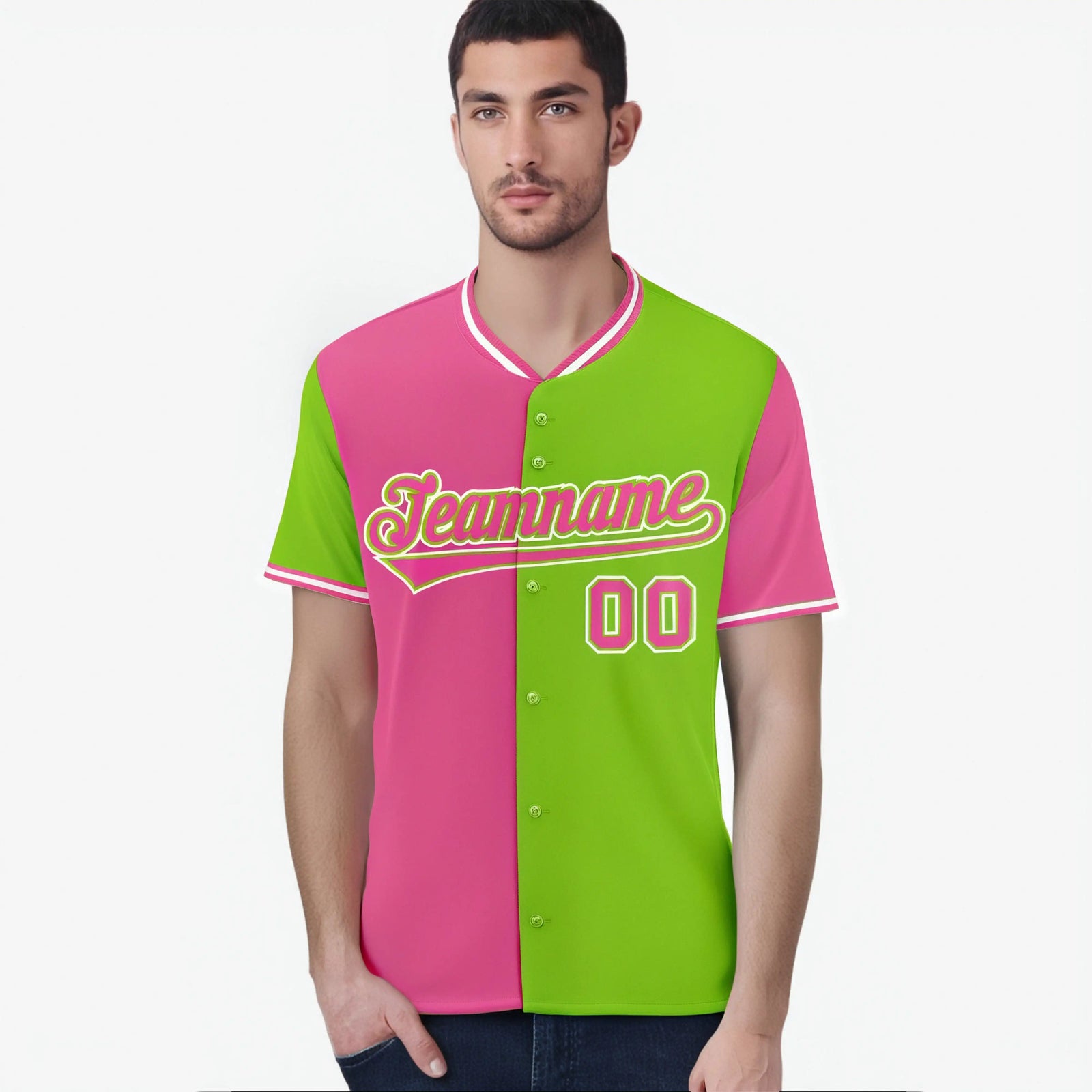 Custom Pink Neon Green Authentic Split Fashion Baseball Jersey