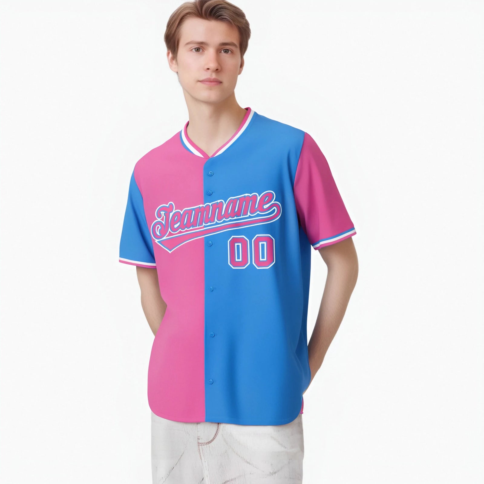 Custom Pink Powder Blue Authentic Split Fashion Baseball Jersey