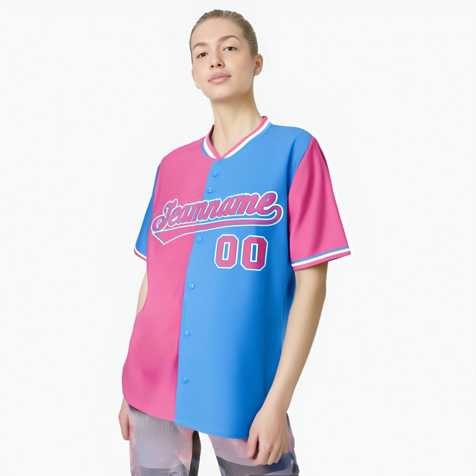 Custom Pink Powder Blue Authentic Split Fashion Baseball Jersey