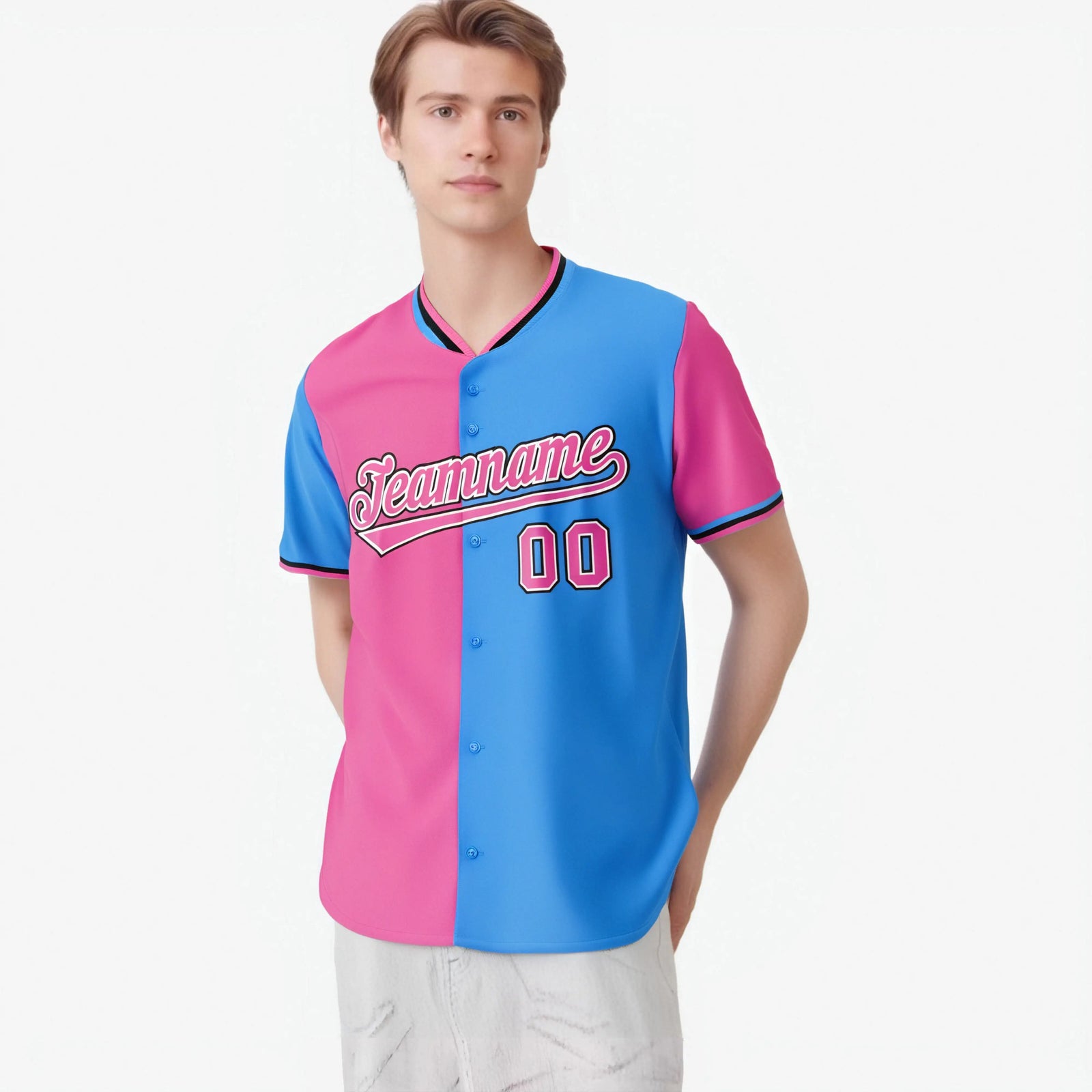 Custom Pink Powder Blue Authentic Split Fashion Baseball Jersey