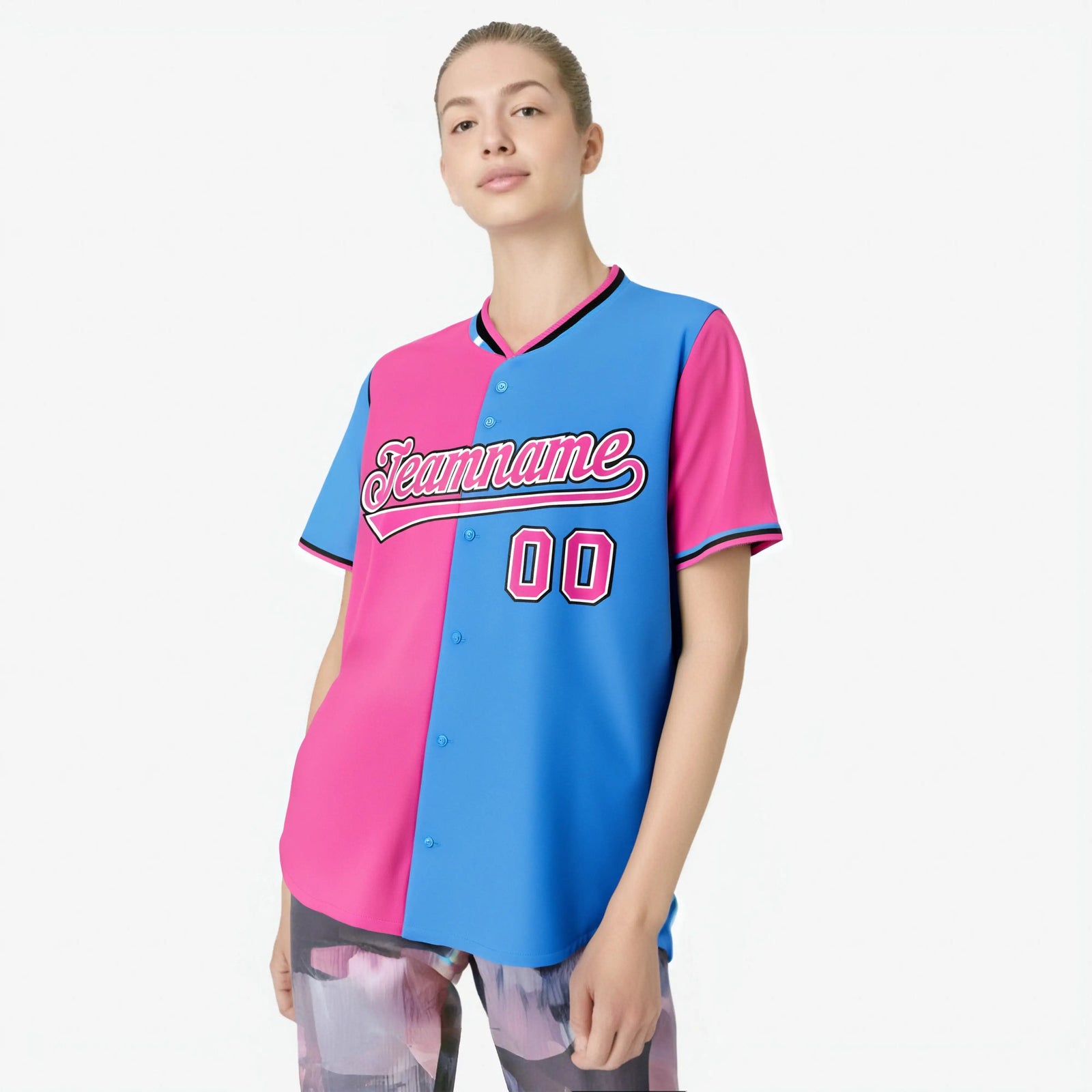 Custom Pink Powder Blue Authentic Split Fashion Baseball Jersey