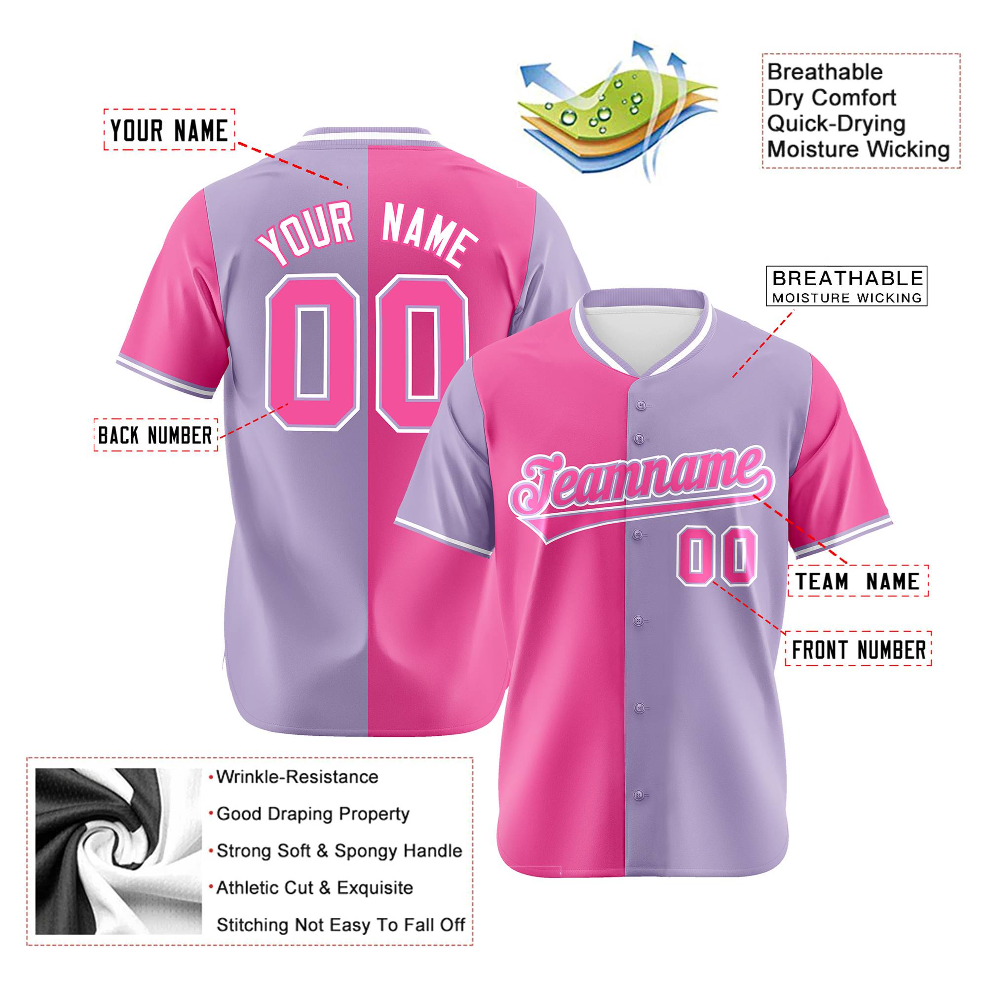 Custom Pink Light Purple Authentic Split Fashion Baseball Jersey