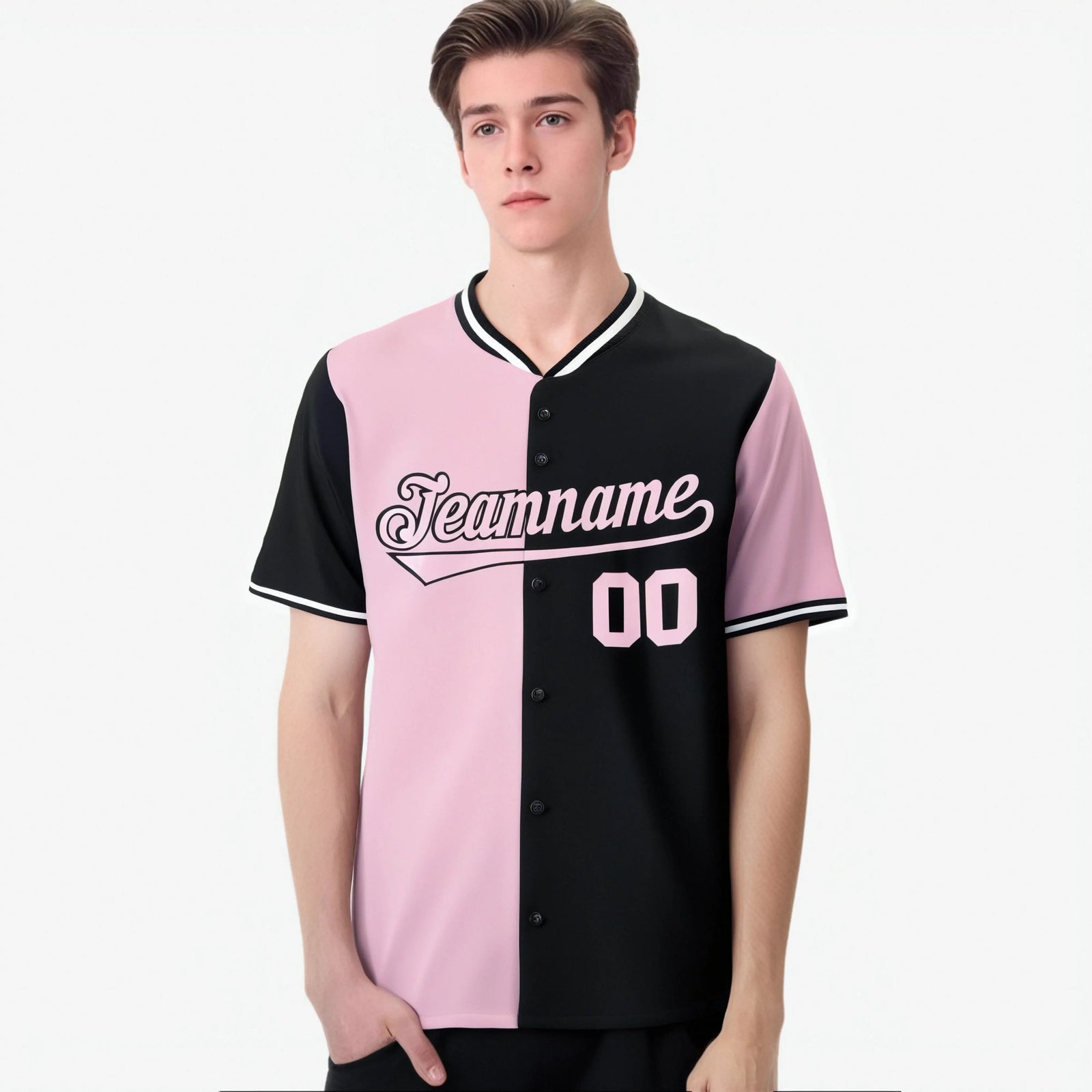 Custom Light Pink Black Authentic Split Fashion Baseball Jersey