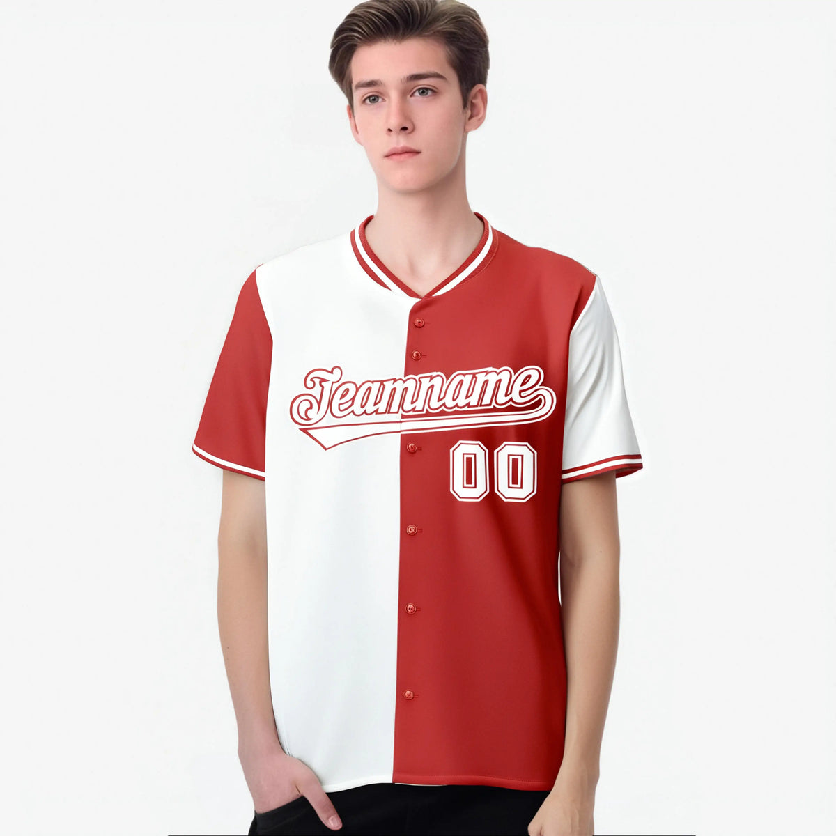 Custom White Light Red Authentic Split Fashion Baseball Jersey