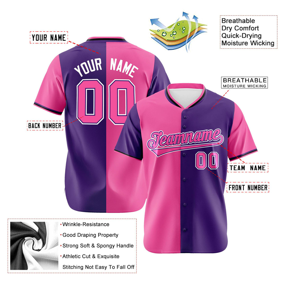 Custom Pink Purple Authentic Split Fashion Baseball Jersey