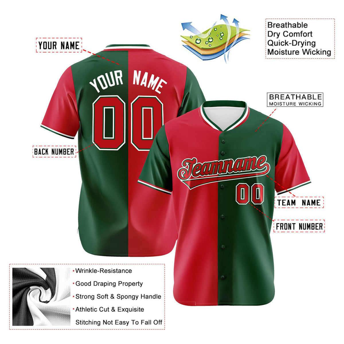 Custom Red Green Authentic Split Fashion Baseball Jersey